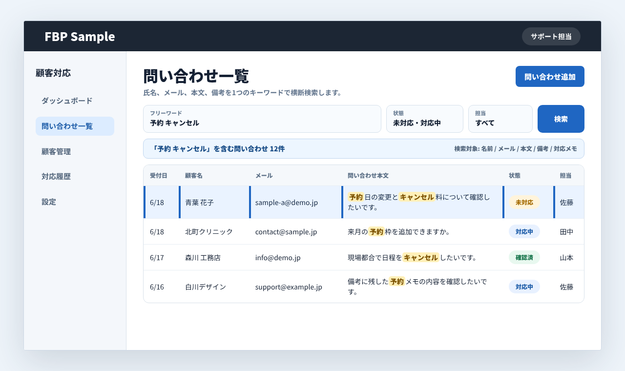 問い合わせ一覧でキーワードを入力し、名前、メール、本文、備考を横断検索している画面例