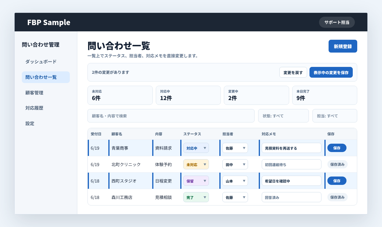 問い合わせ一覧でステータス、担当者、対応メモを一覧上から直接編集している画面例