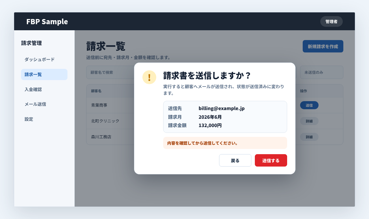 請求書送信前に確認モーダルを表示している業務画面例