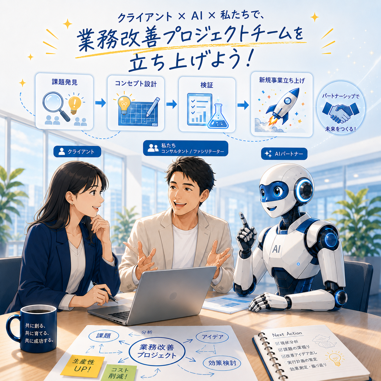 クライアント、コンサルタント、AI従業員が協力して業務改善プロジェクトを進めている様子