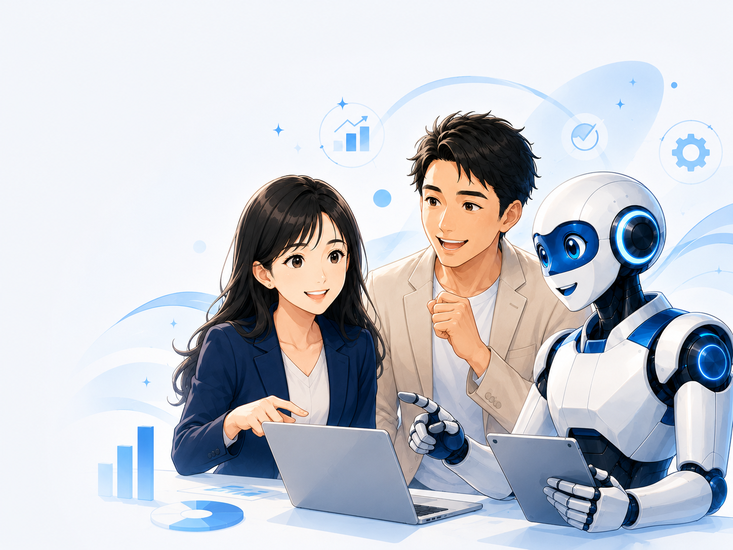 クライアント、私たち、AIが一緒に業務改善のアイデアを話し合うイラスト