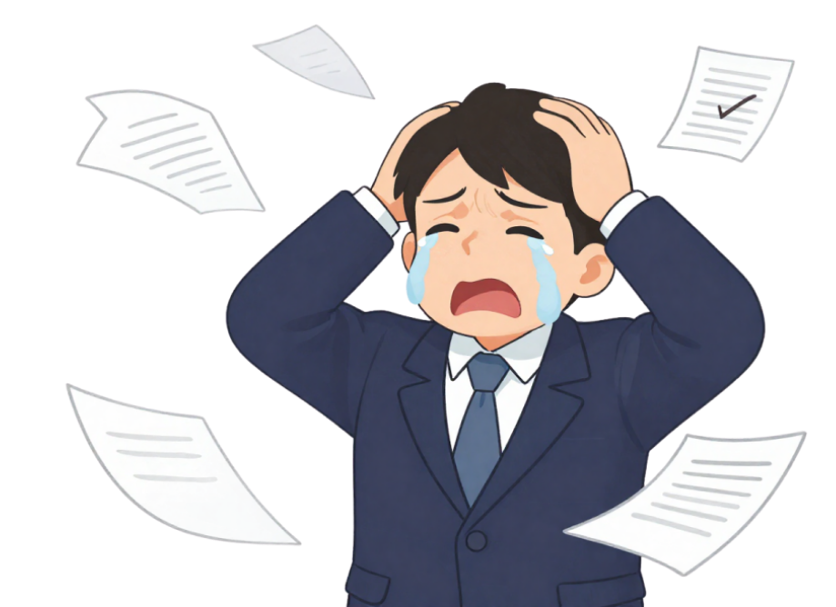 書類に囲まれて困っているビジネスパーソンのイラスト